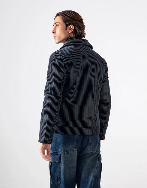 STRIPED FAUX LEATHER ZIPPER JACKET